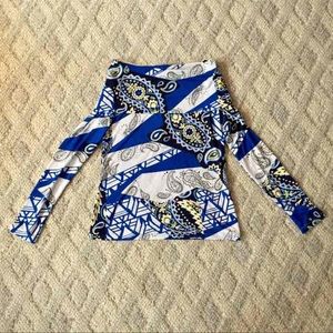 NWOT Designer DENISE HAJJAR Blue/Yellow Boatneck Stretch Top, size SMALL